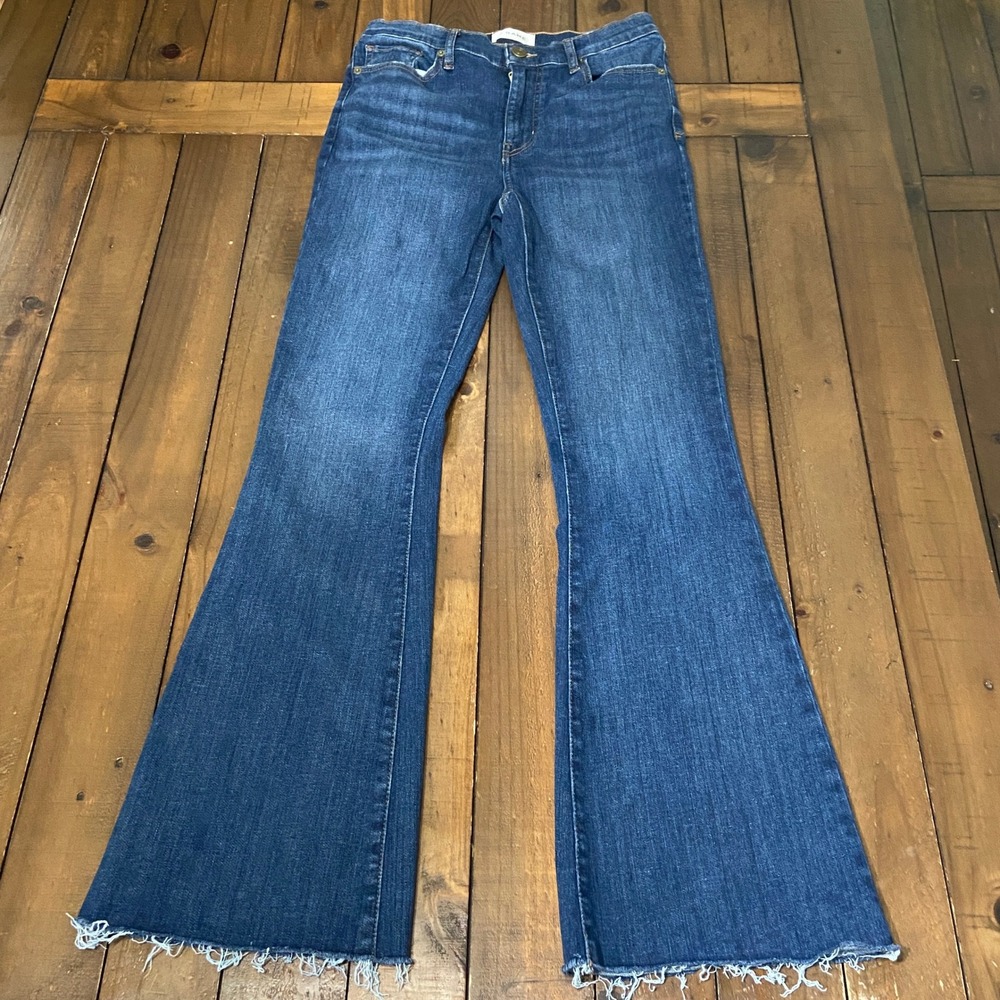Frame Le High Flare Jeans Aspire Raw After Blue Stretch Denim Size 28 OPLEFRA291